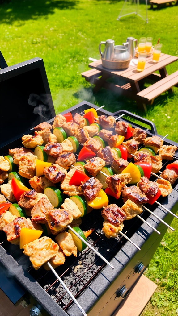 Grilled skewers of chicken and beef with colorful vegetables on an outdoor barbecue grill.